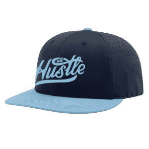 All Hustle flat bill hat black and light blue custom options for uniforms and sports apparel