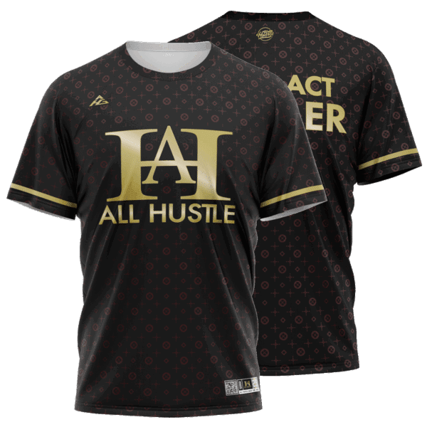 Class Act Hustler mock up black and gold sport uniform front and back from All Hustle