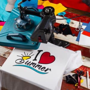 Workplace top view with heat transfer shirt press to manufacture custom DIY design shirts with notebook computer and cutting machine All Hustle custom printing